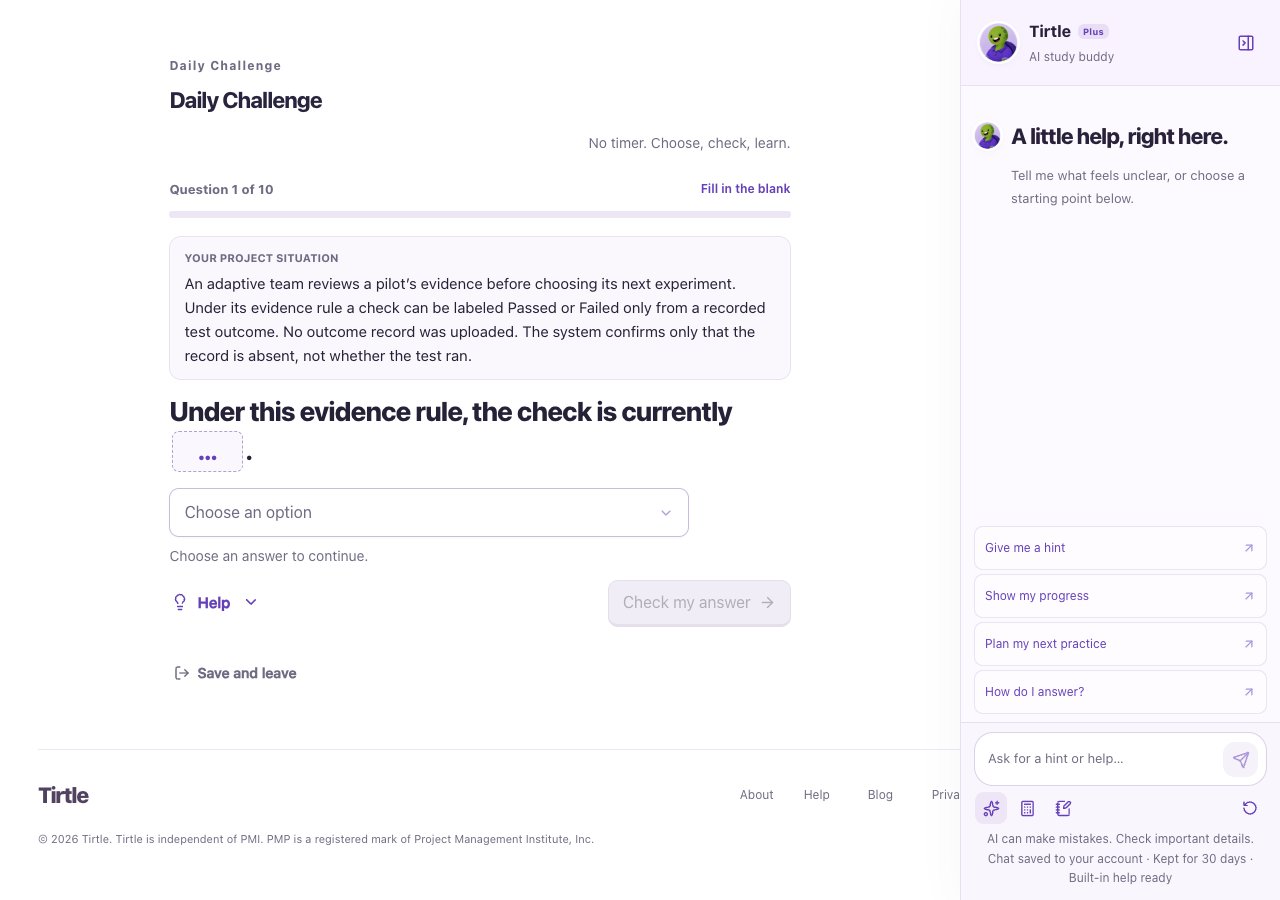 Tirtle’s Daily Challenge shows a project situation and an answer choice beside the contextual Study Buddy.